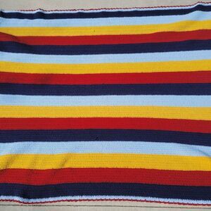 VTG Homemade MCM Striped Blue Maroon Yellow Fall Afghan Throw Blanket 51 x 62 in